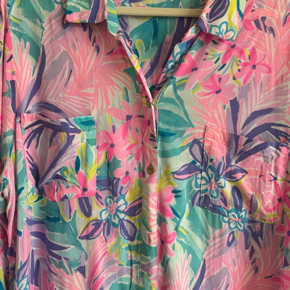 Lilly Pulitzer | Pink and Purple Natalie Floral Swim Cover-Up Shirt Dress ~ XL - Picture 6 of 9